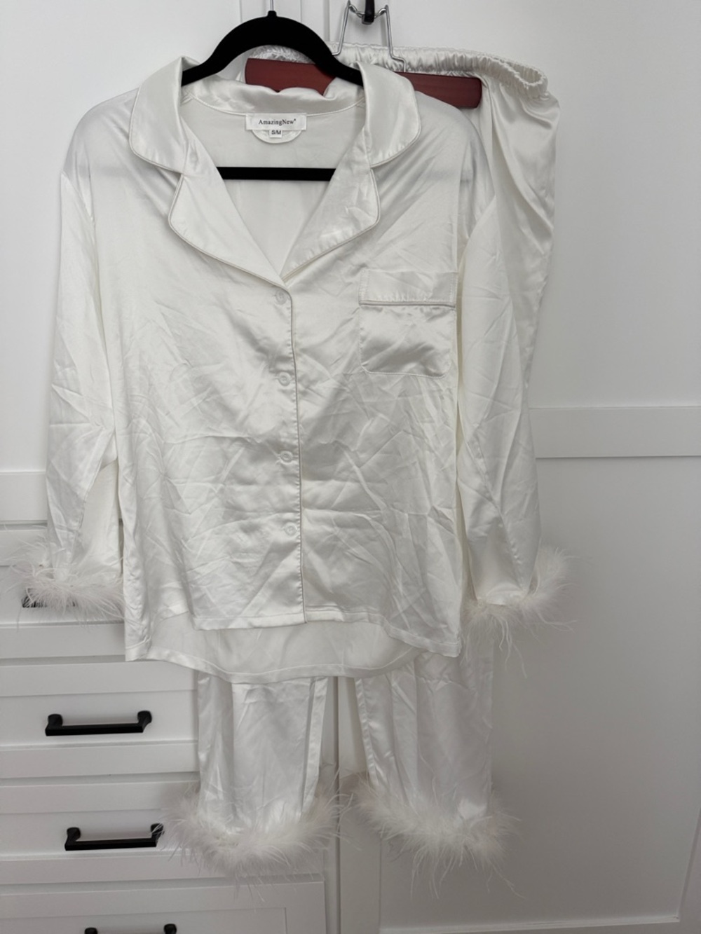 Three Piece Ivory Satin Feather-Trim Pajama Set